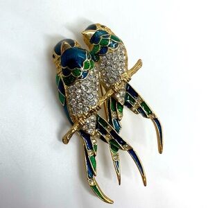 Vtg D'Orlan 22k Gold Plated Enamel & Rhinestones Love Birds Brooch 2.5”